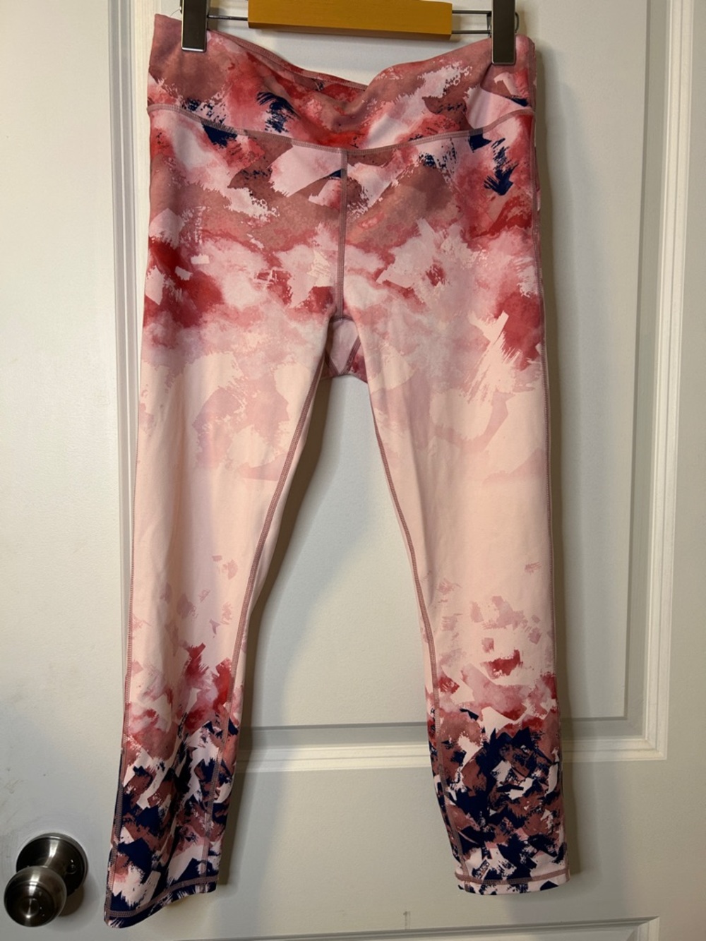 85. Fabletics Pink Watercolor Print Leggings with Navy Accents